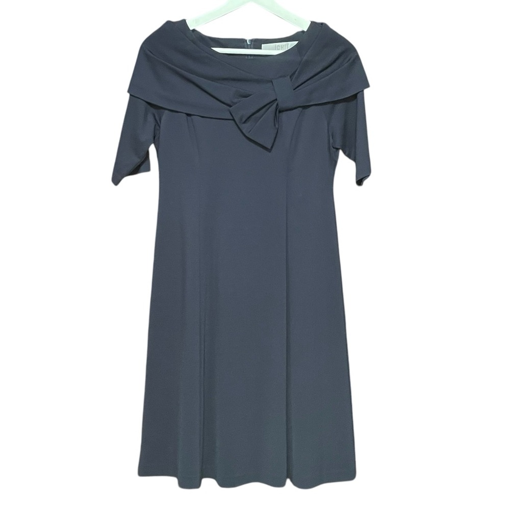 Ichie Strawberry Field Navy Midi‎ Jersey Draped Neckline Dress Office XS/S